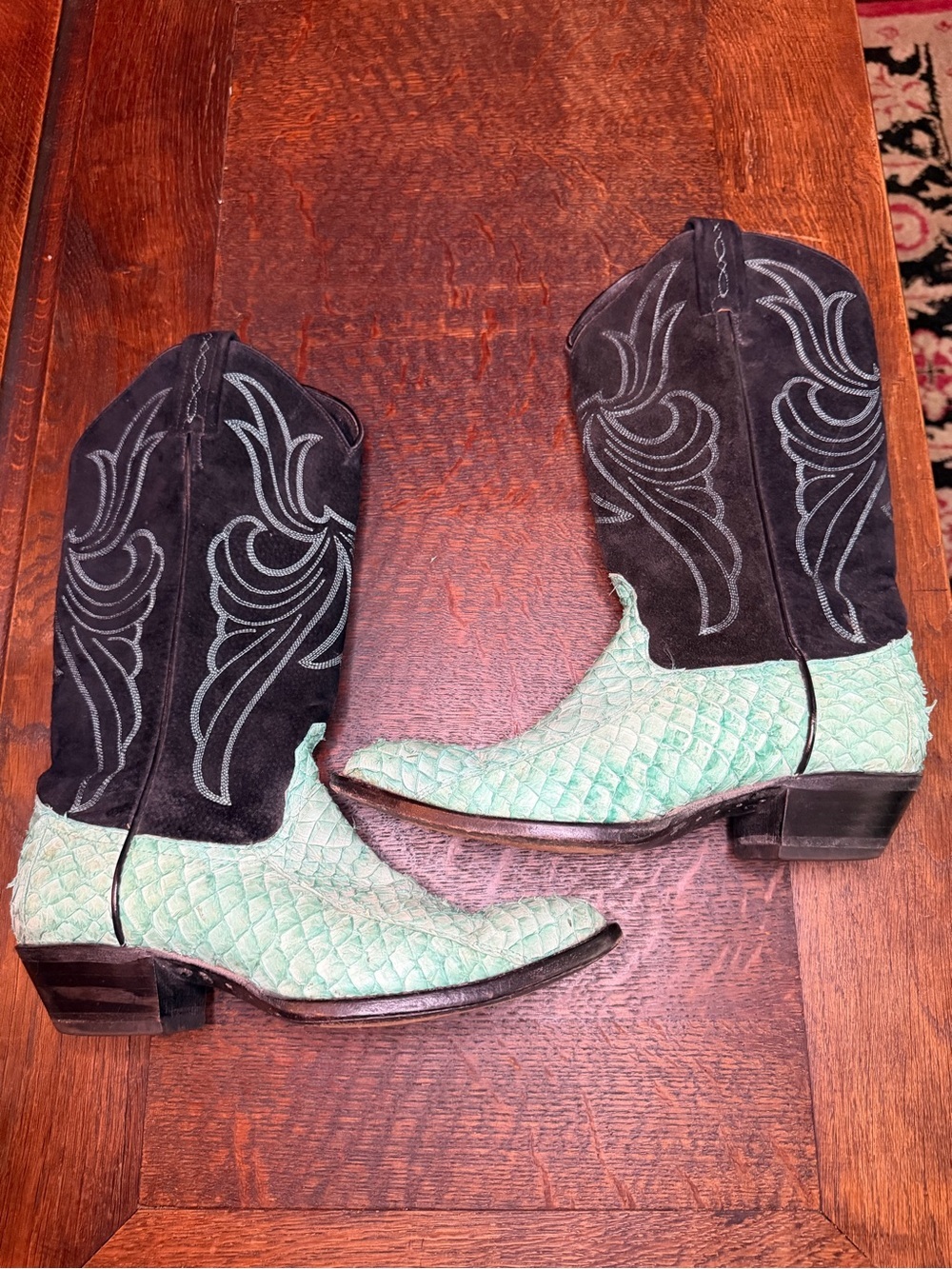 Vintage Tony Lama Sea Bass Exotic Leather Cowboy Boots Teal Black Size 7 - Picture 6 of 11